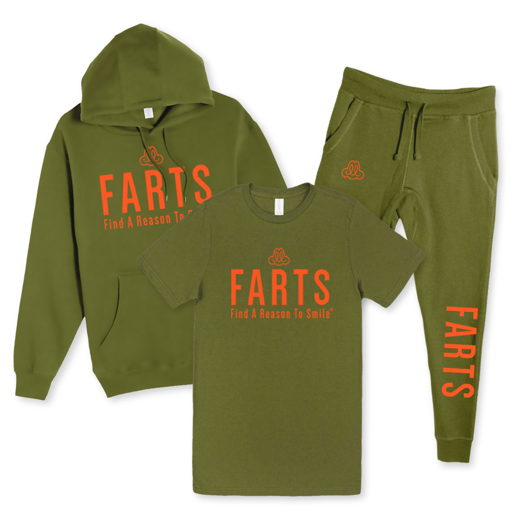Military green FARTS hoodie, joggers, and tee set with orange design — gratitude-based matching apparel