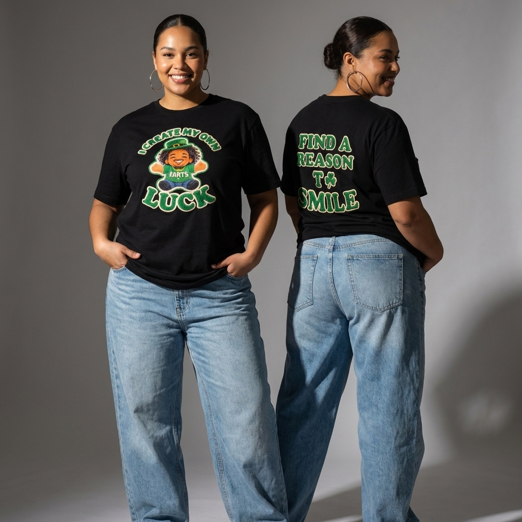 Two people wearing black t-shirts with text and graphics, standing side by side against a gray background.