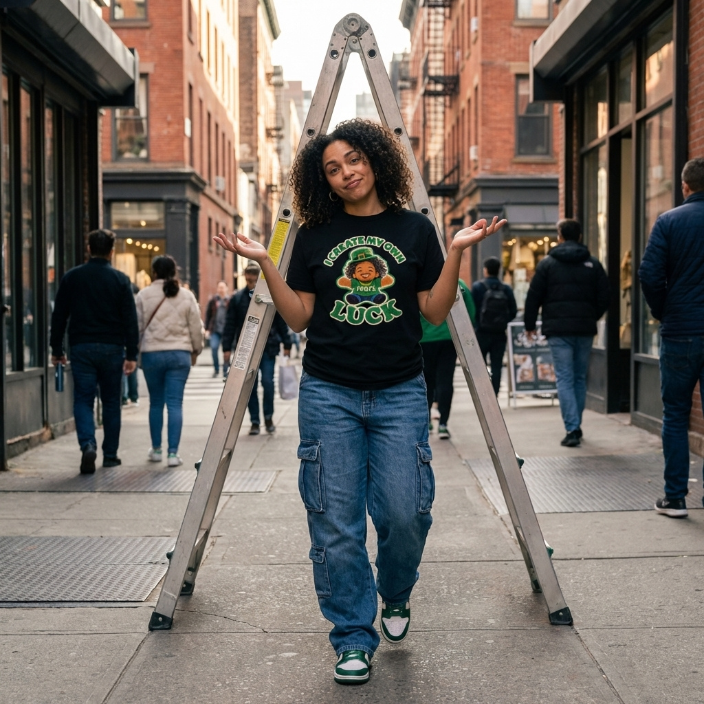 Person standing with a ladder on a city street