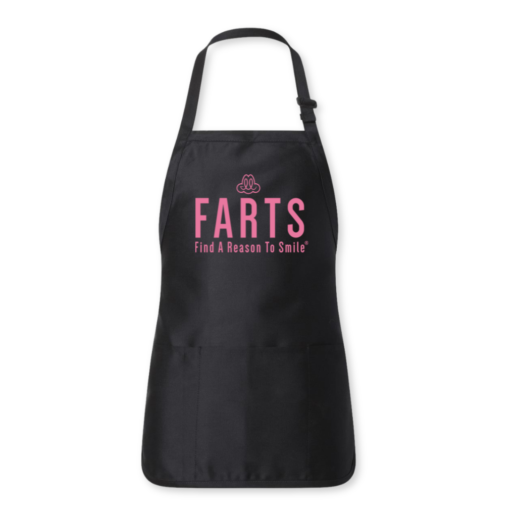 Black apron with pink FARTS message, joyful mental health-focused kitchen wear for mindfulness and fun loving times
