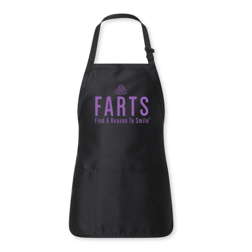 Black apron with purple FARTS message, motivational cooking and grilling apron for that encourages gratitude