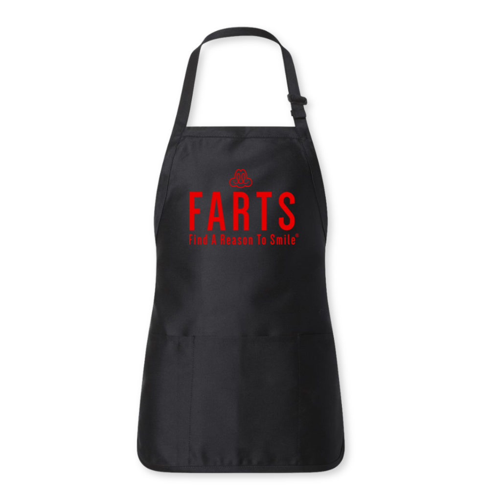 Black apron with vibrant red FARTS message, ideal for grilling, baking, or kitchen vibes with healing energy