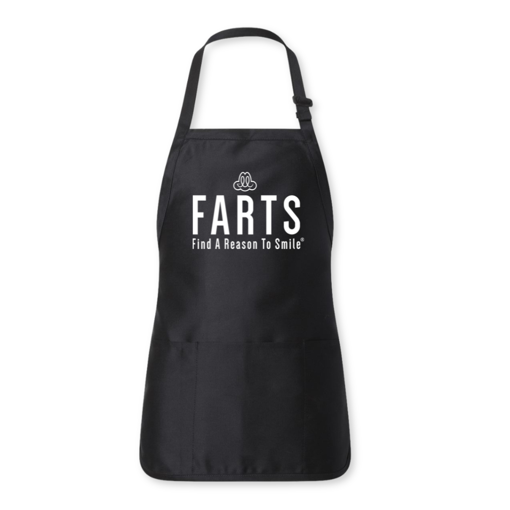 Black apron with clean white FARTS message, lightweight and expressive gear for kitchens, BBQs, or gift bags