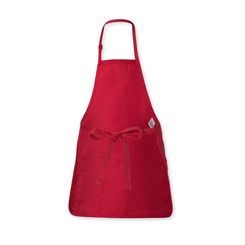 Back view of red FARTS apron with adjustable tie-back waist and comfortable unisex design