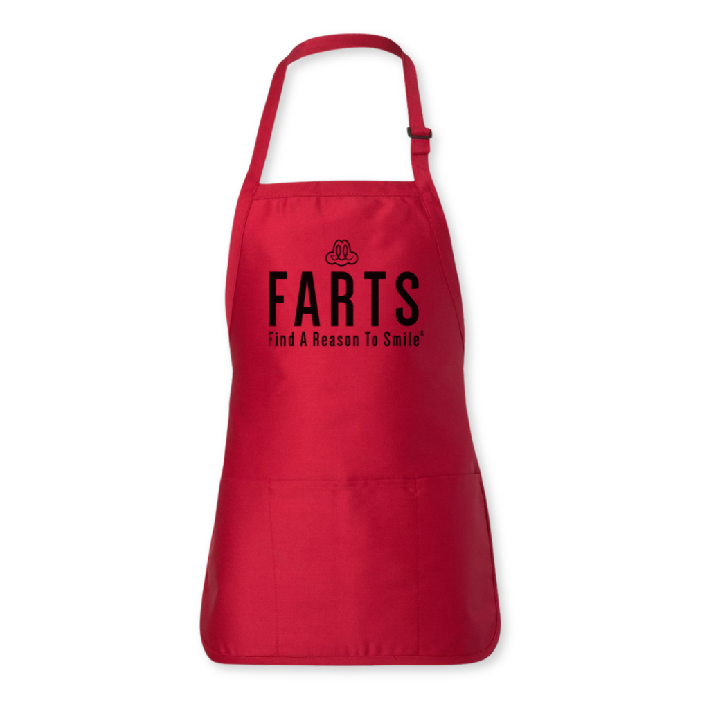 Bold red FARTS apron with black logo design, unisex fit and three front pockets for grilling or kitchen use