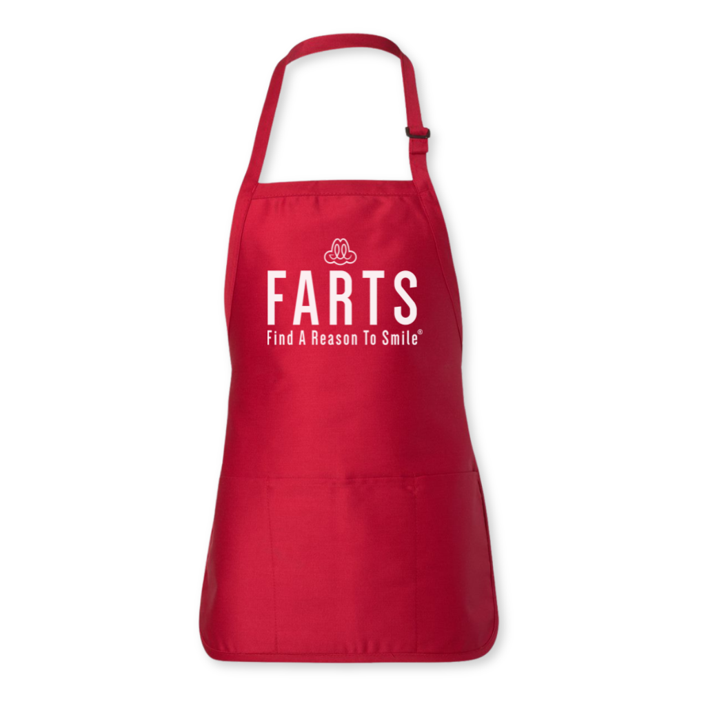 Red unisex FARTS apron with white front logo and deep pockets, perfect for cooking or creative crafters
