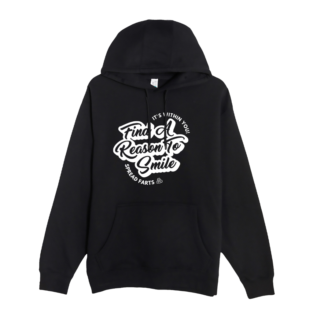 lack hoodie with white scripted “Find A Reason To Smile” design, unisex gratitude hoodie for mental health, comfort, and self-empowerment