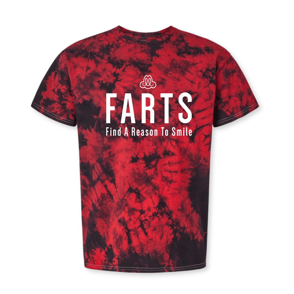 FARTS-sig-red-black-tie-dyed-t-shirt-positive-statement-shirt