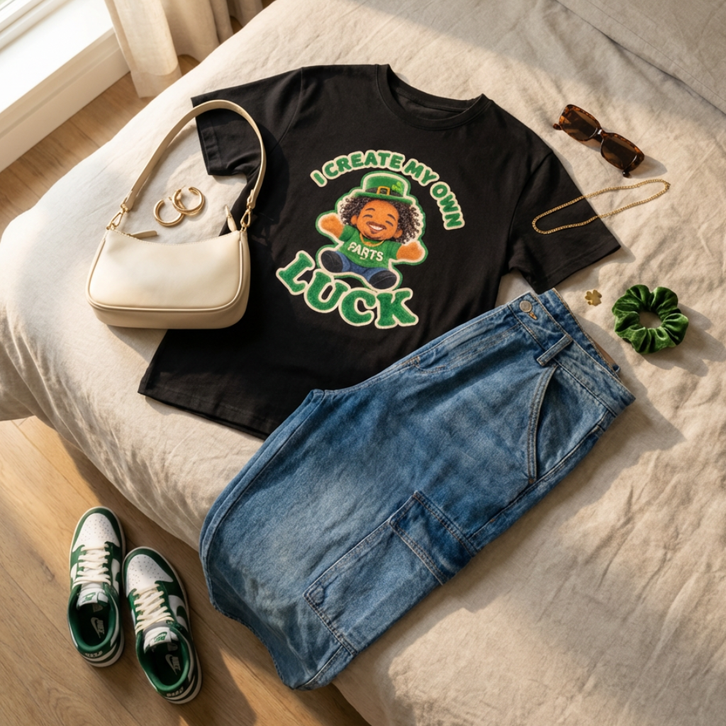 Black t-shirt with a graphic design, blue jeans, white sneakers, and a beige handbag on a bed.