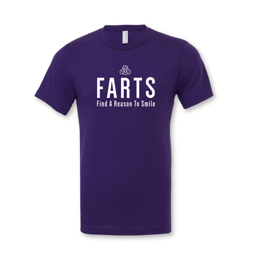 FARTS-t-shirt-Find-A-Reason-To-Smile-purple-and-white-front-gratitude-attitude-apparel-mental-health-awareness