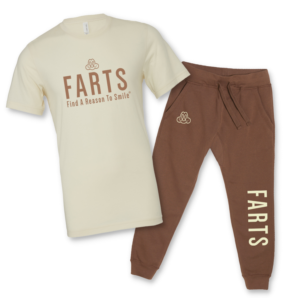 Natural FARTS Find A Reason To Smile t shirt with matching brown joggers, neutral gratitude outfit, Black Friday bundle set
