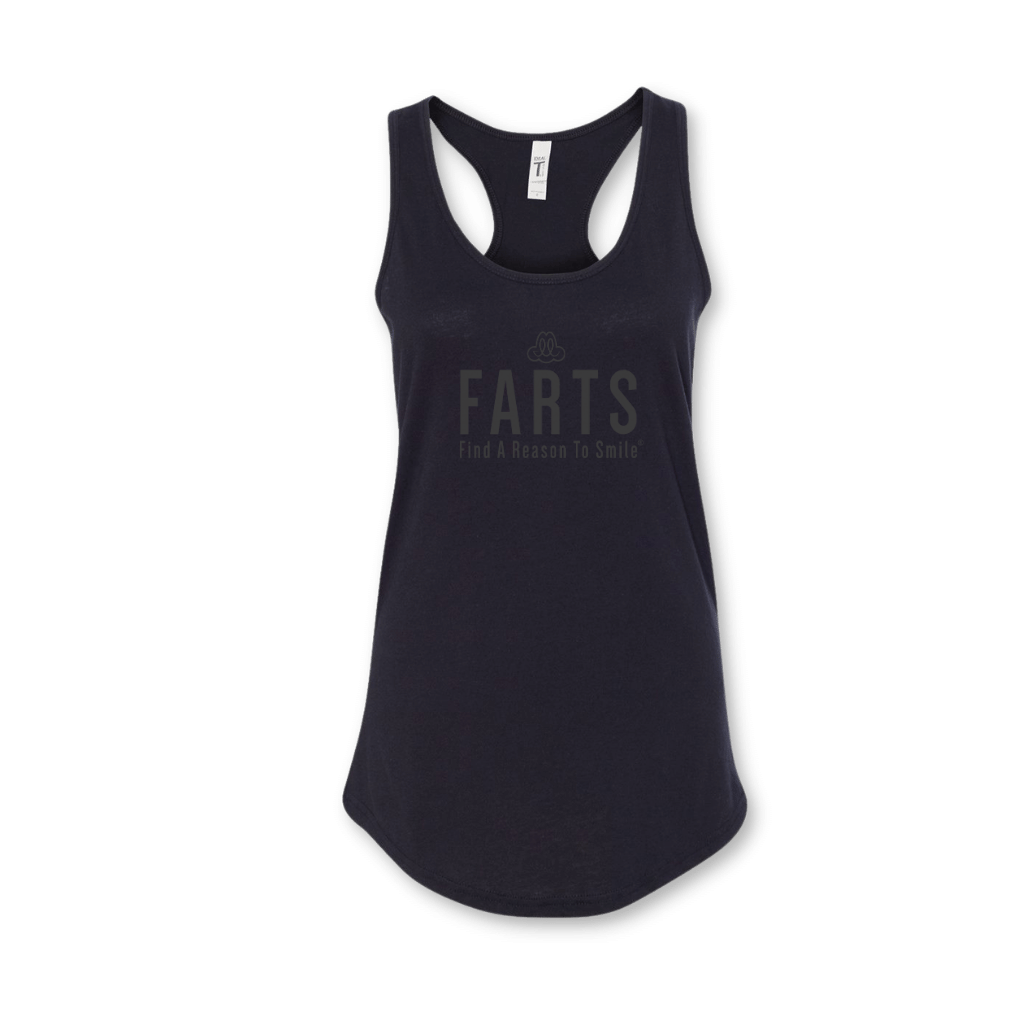 FARTS-tank-top-womens-racerback-Find-A-Reason-To-Smile-black-on-black-front-motivational-gym-clothes