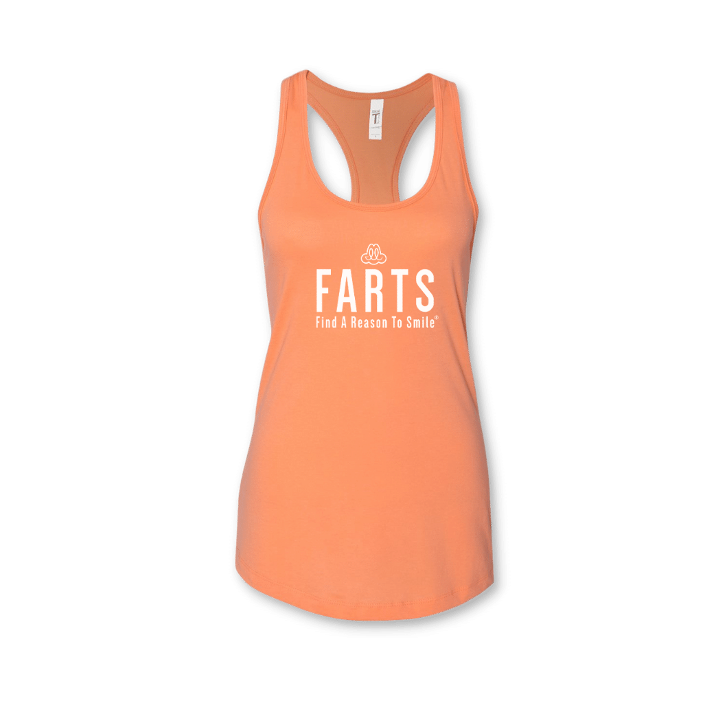 FARTS-tank-top-womens-racerback-Find-A-Reason-To-Smile-orange-and-white-front-gratitude-attitude-apparel-mental-health-awareness