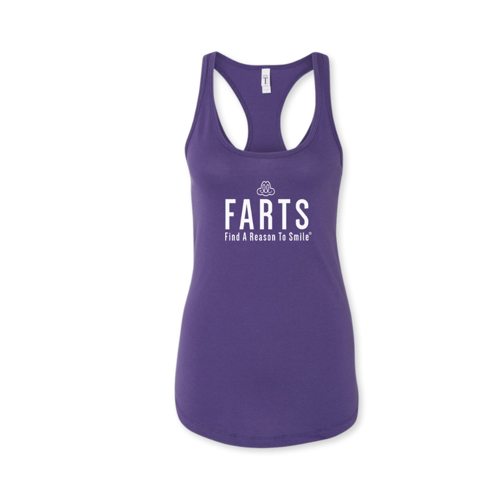 FARTS-tank-top-womens-racerback-Find-A-Reason-To-Smile-purple-and-white-motivational-gym-tank-top-front