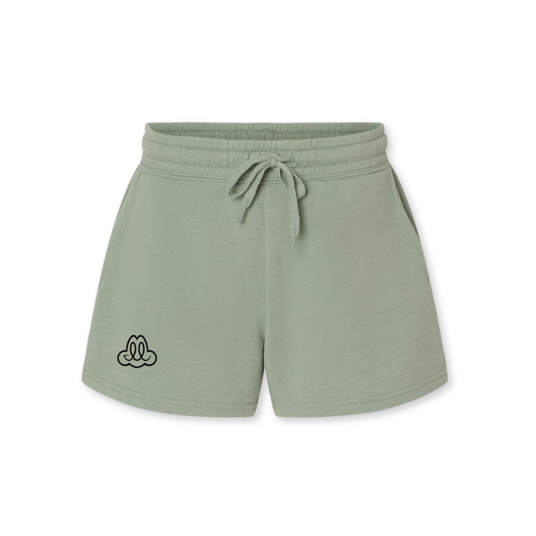 Women's sage green shorts with black FARTS logo – inspirational loungewear for mental health and comfort