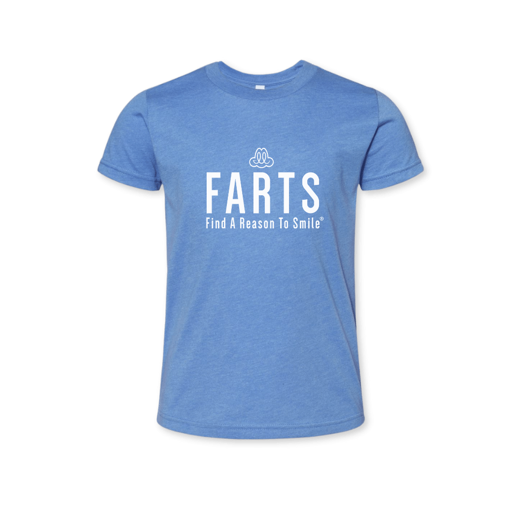 FARTS-youth-shirt-FARTS-Find-A-Reason-To-Smile-graphic-tee-for-youth-sizes-columbia-blue-and-white