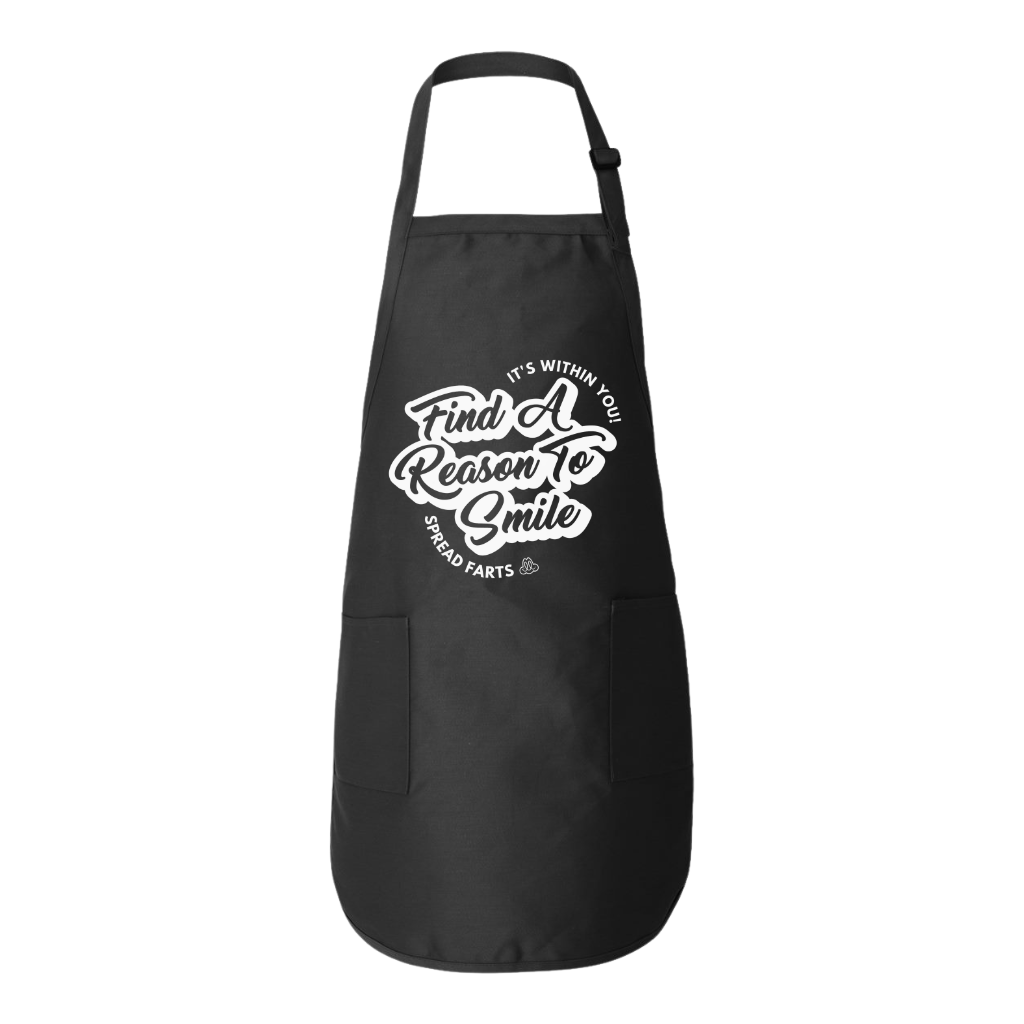 Black apron with white scripted FARTS logo, unisex mental health and gratitude-focused kitchen and vendor wear