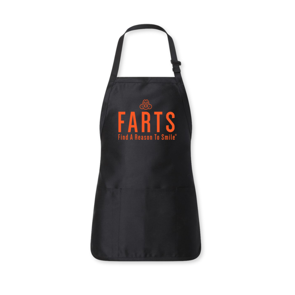 Black apron with orange FARTS design unisex kitchenwear for mental health and gratitude apron with pockets