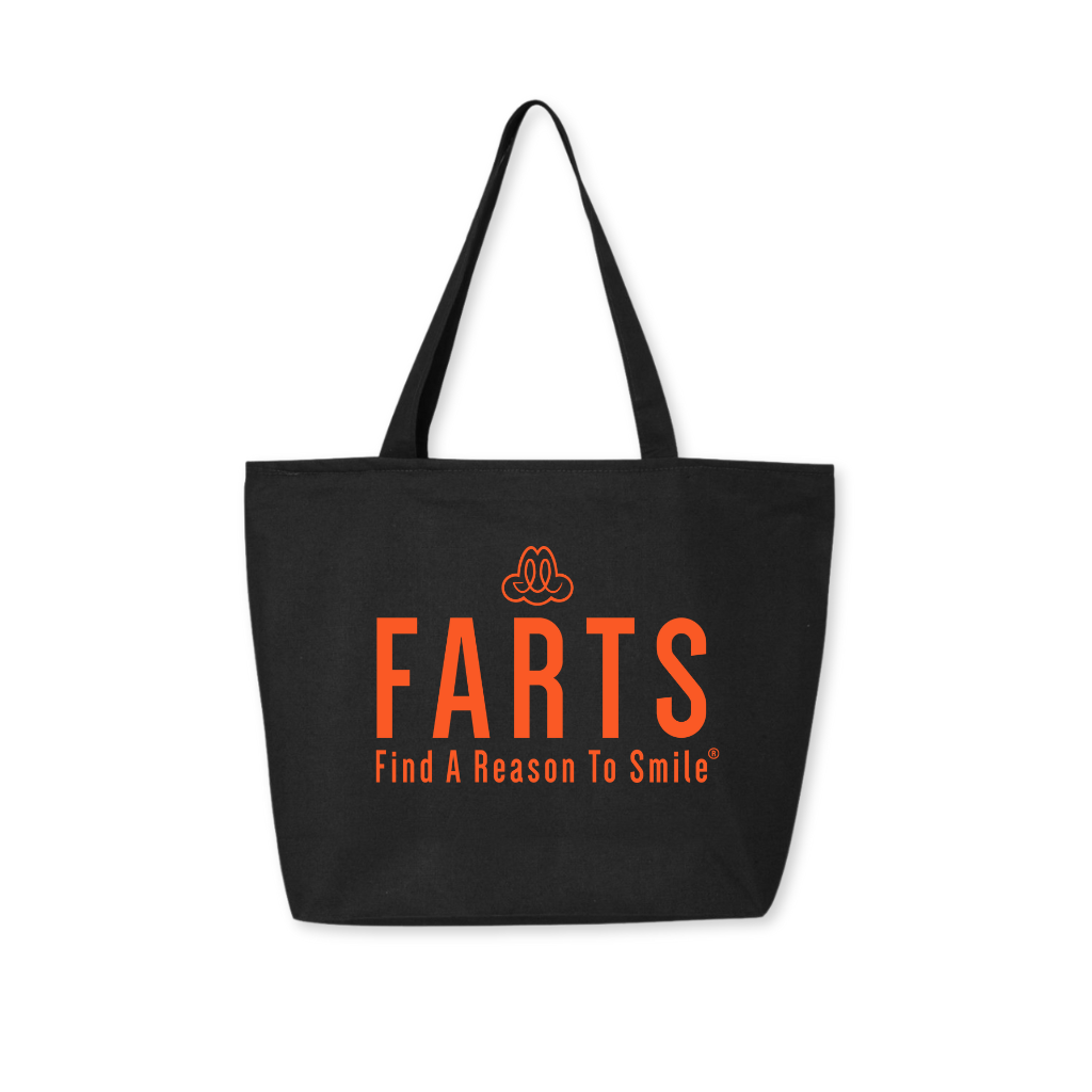 Black tote bag with bold orange FARTS design daily carryall for gratitude, healing, and mental wellness