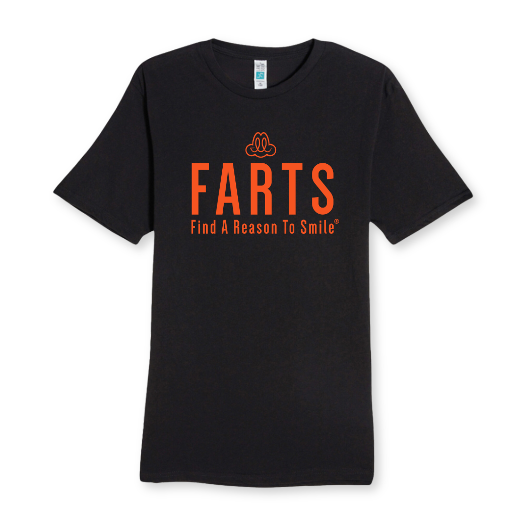 Black unisex t-shirt with bold orange FARTS text for mental health awareness and gratitude