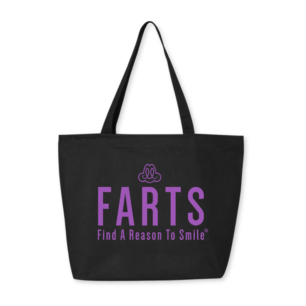 Black motivational tote bag with purple “Find A Reason To Smile” design, zip-top closure and spacious interior for intentional living