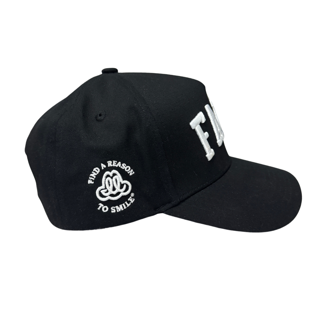 Side view of SnapBack hat with mesh panel and Find A Reason To Smile logo