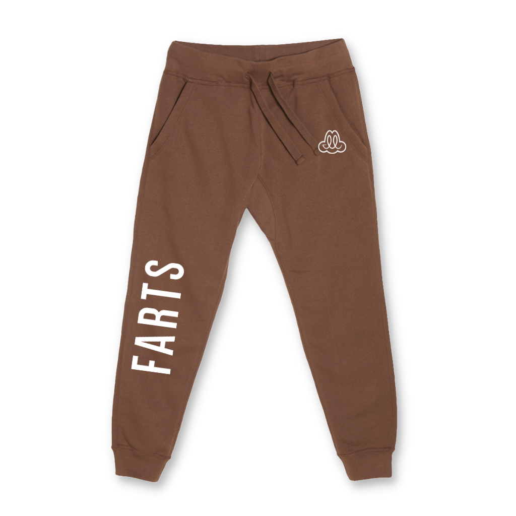 Brown FARTS joggers with grounded message, soft cotton blend designed for relaxed purpose