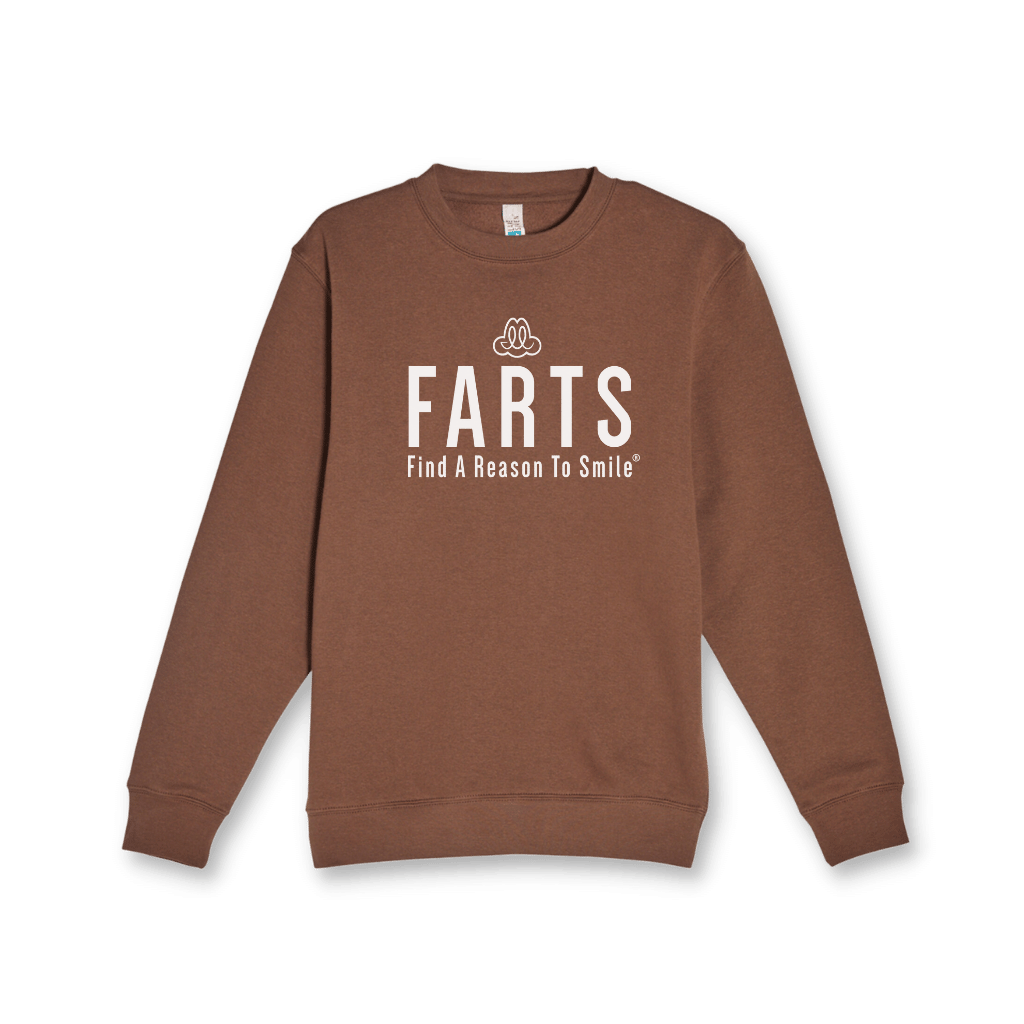 Brown unisex FARTS crewneck sweatshirt with healing message, laid flat with soft fleece interior visible