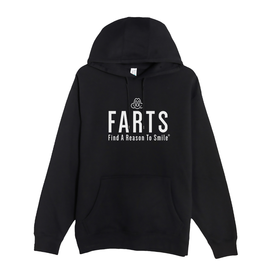Black and white FARTS hoodie with bold message, soft fleece lining and unisex fit for everyday warmth and motivation