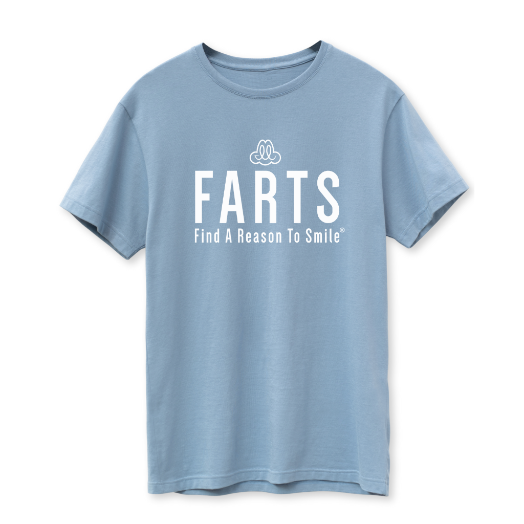 Cloudy blue FARTS shirt in organic Supima cotton – slim fit mental health tee for calm and inner peace