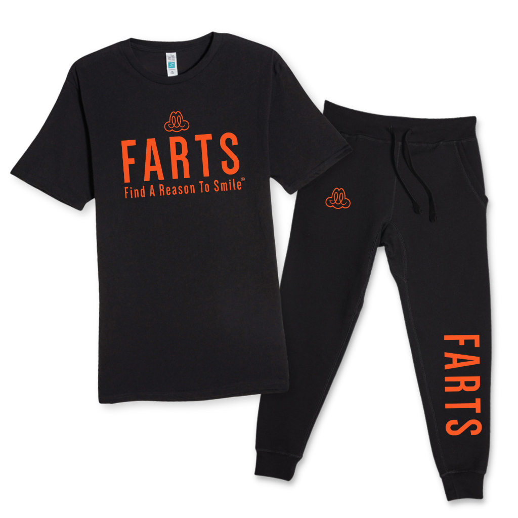 Black FARTS tee and joggers combo with orange design , comfortable healing loungewear