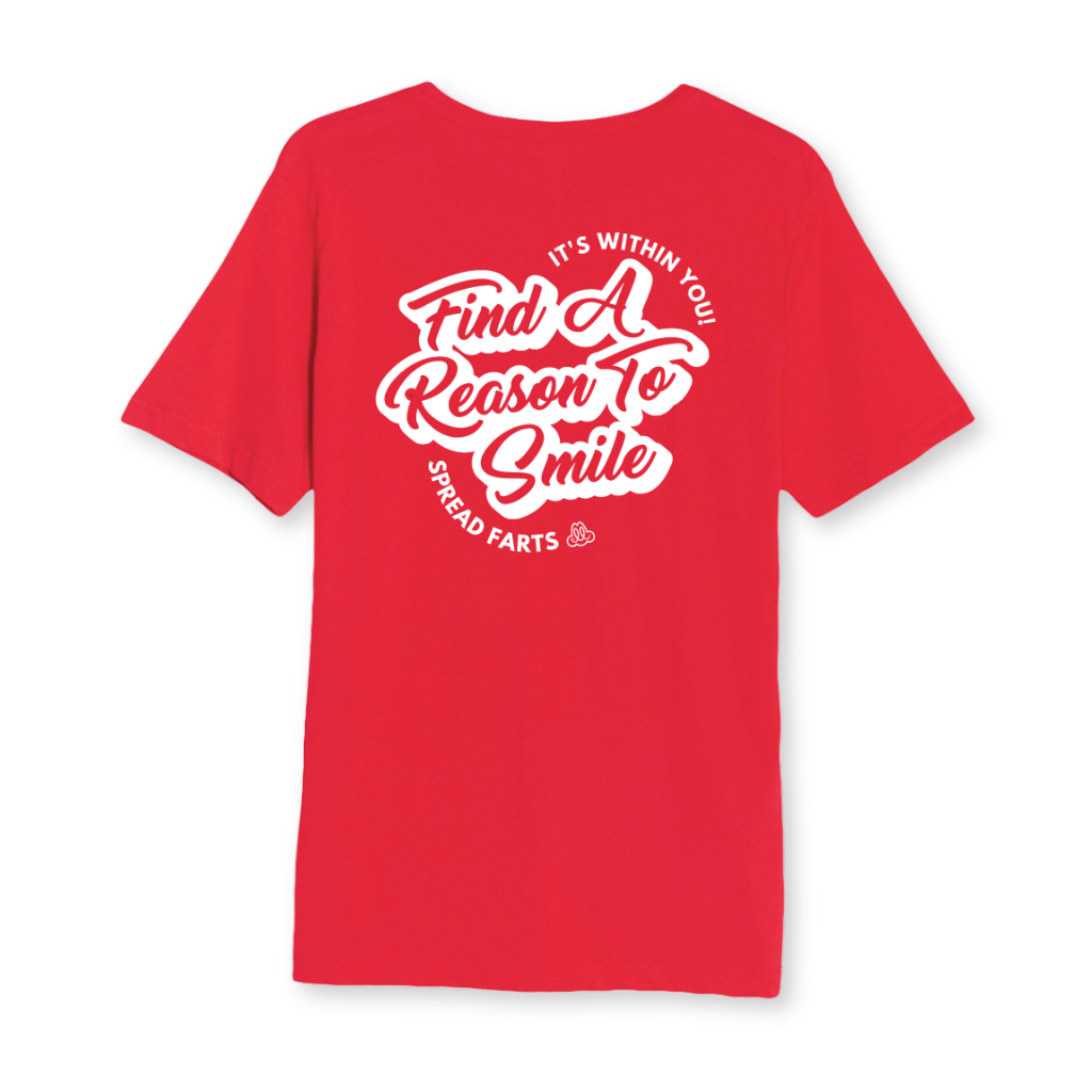 Back view of red FARTS Find A Reason To Smile motivational t-shirt with full inspirational graphic print