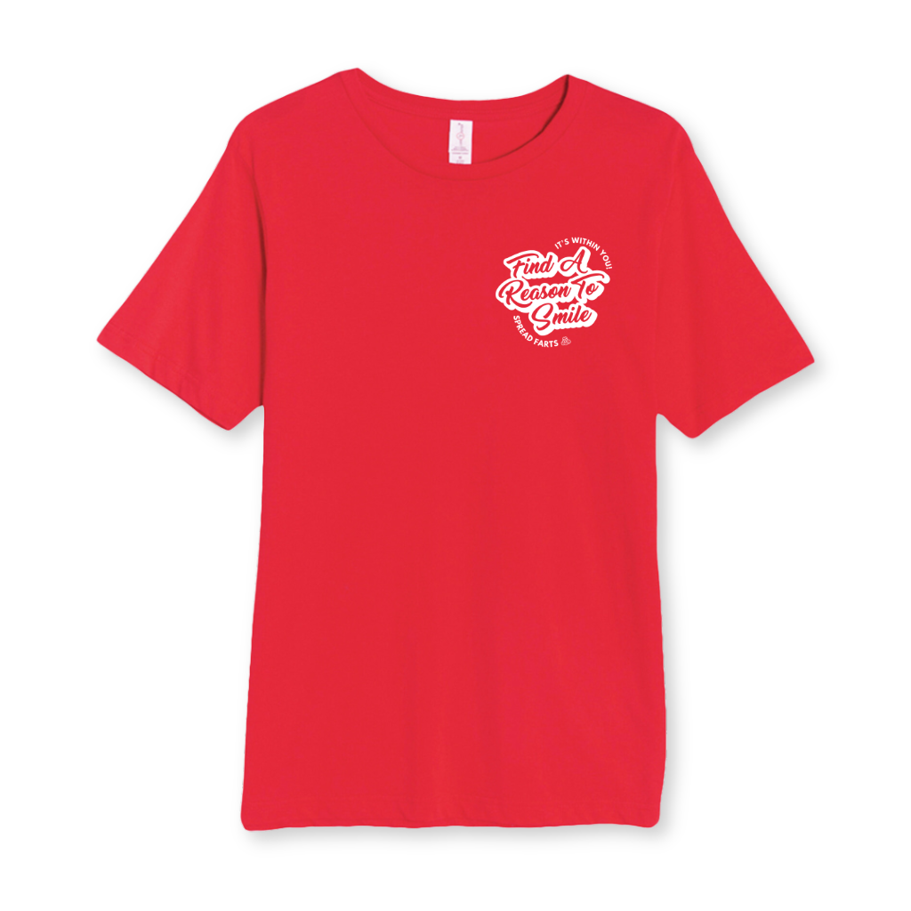 Front view of red FARTS Find A Reason To Smile motivational t-shirt with pocket-sized positive message design