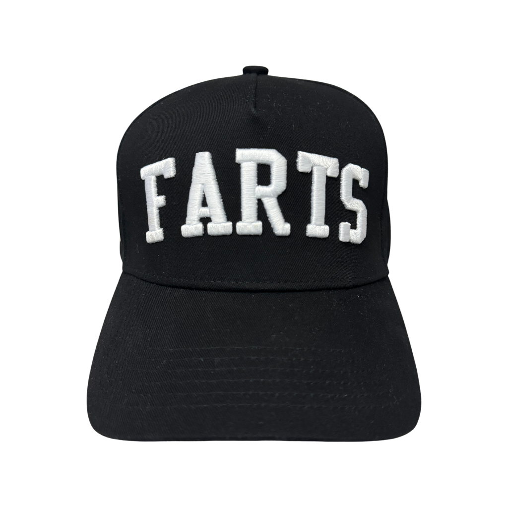 Front view of black and white SnapBack hat with large FARTS embroidery