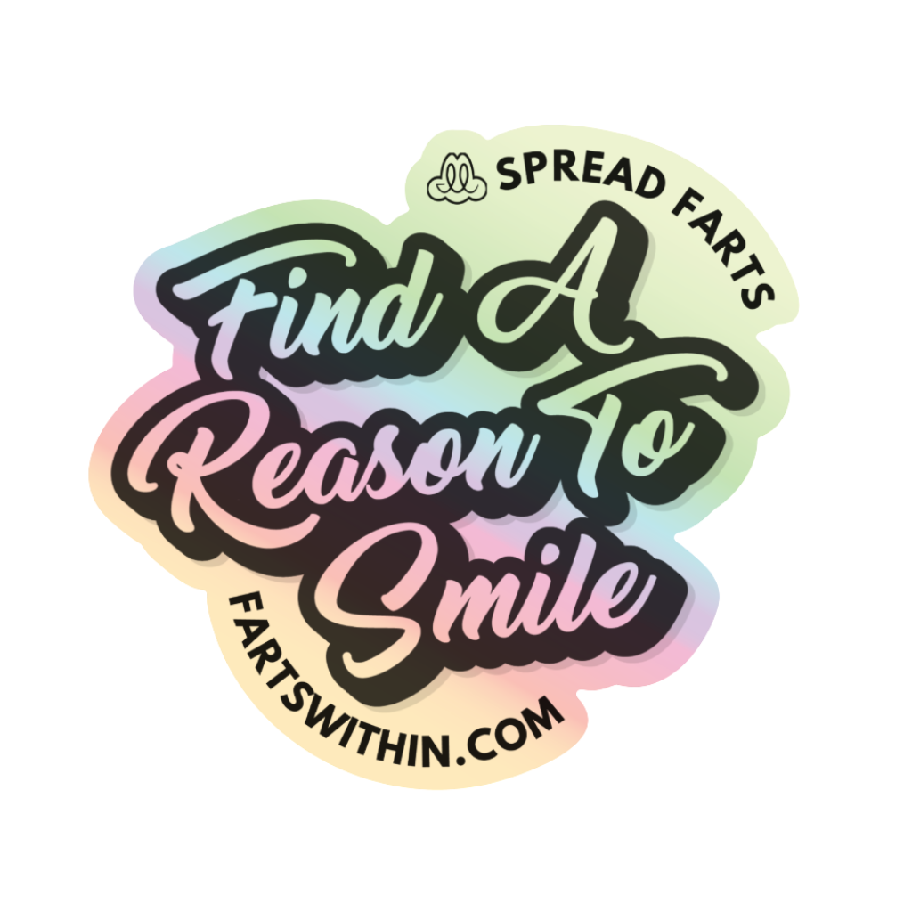 Glossy 3" holographic vinyl sticker with “Find A Reason To Smile” message in rainbow finish perfect for laptops, bottles, and daily inspiration