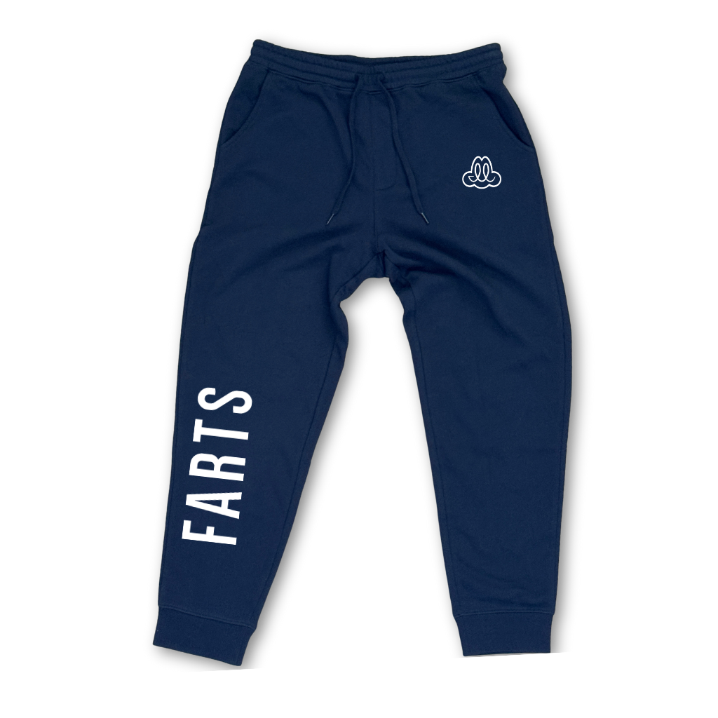 Navy blue FARTS joggers with “Find A Reason To Smile” message, soft motivational unisex sweatpants for mental wellness