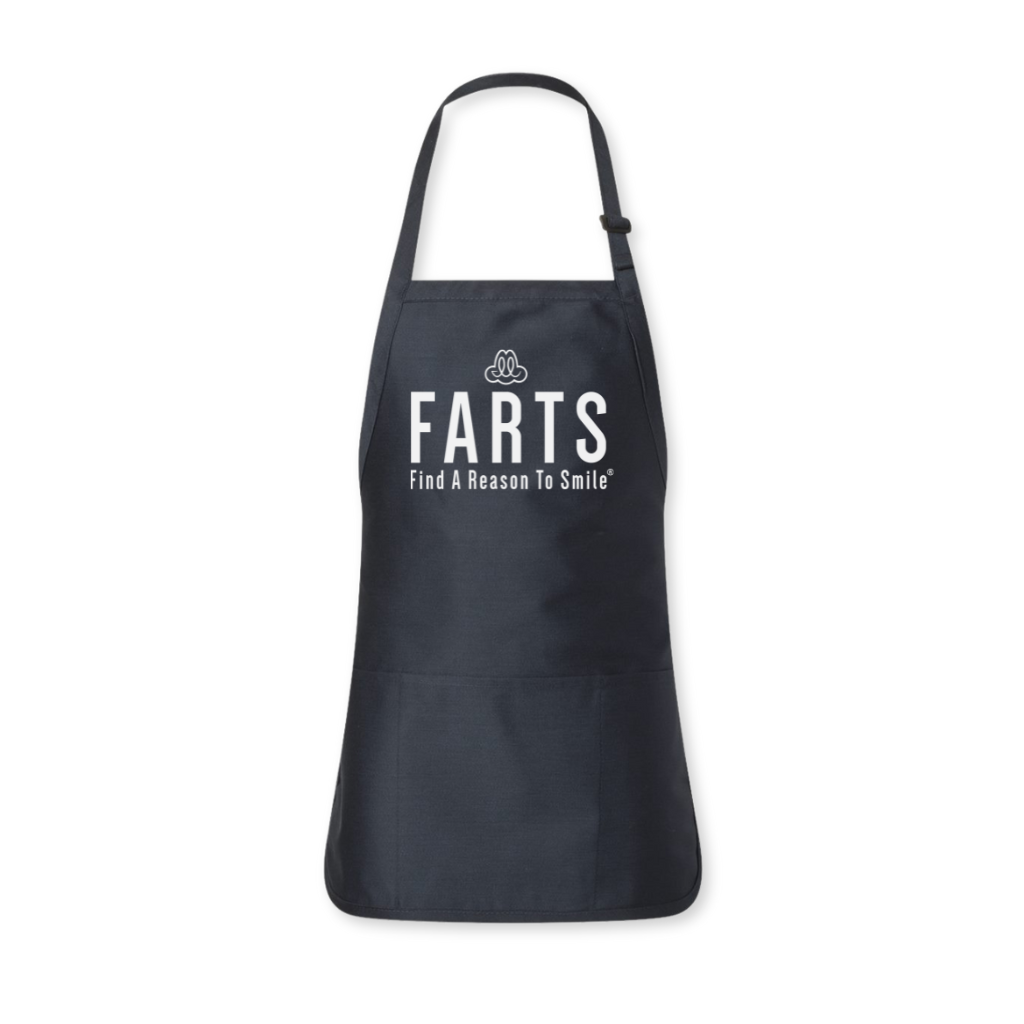 Navy blue and white FARTS apron with uplifting message, designed for mental health, gratitude, and creative self-expression