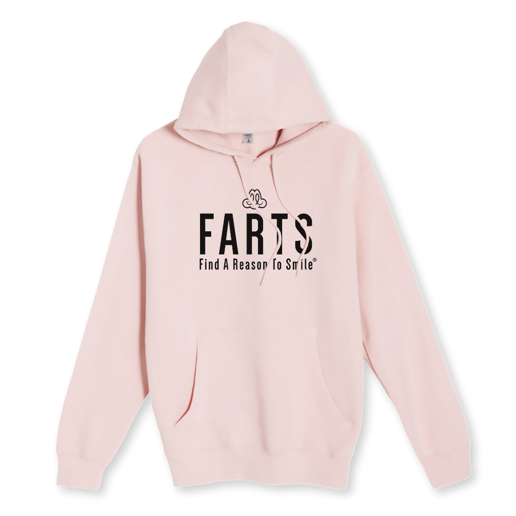 Pale pink hoodie with black FARTS logo and “Find A Reason To Smile®” affirmation, unisex mental health hoodie with positive, uplifting message
