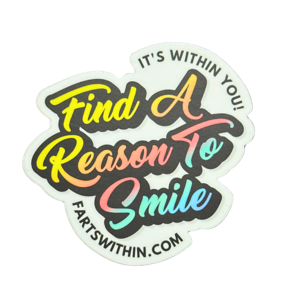 Sticker with motivational text 'Find A Reason To Smile' and website URL on a white background