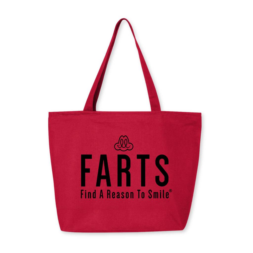 Red tote bag with strong black FARTS design, spacious 27-liter zip-top motivational bag for daily errands and purpose-driven living
