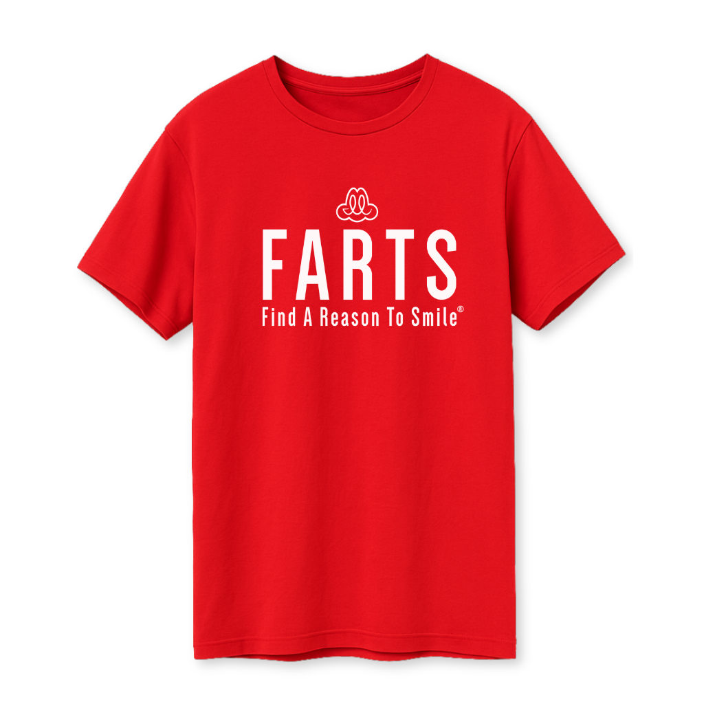 Red FARTS shirt in organic cotton with white text – slim fit mental health tee for courage and clarity