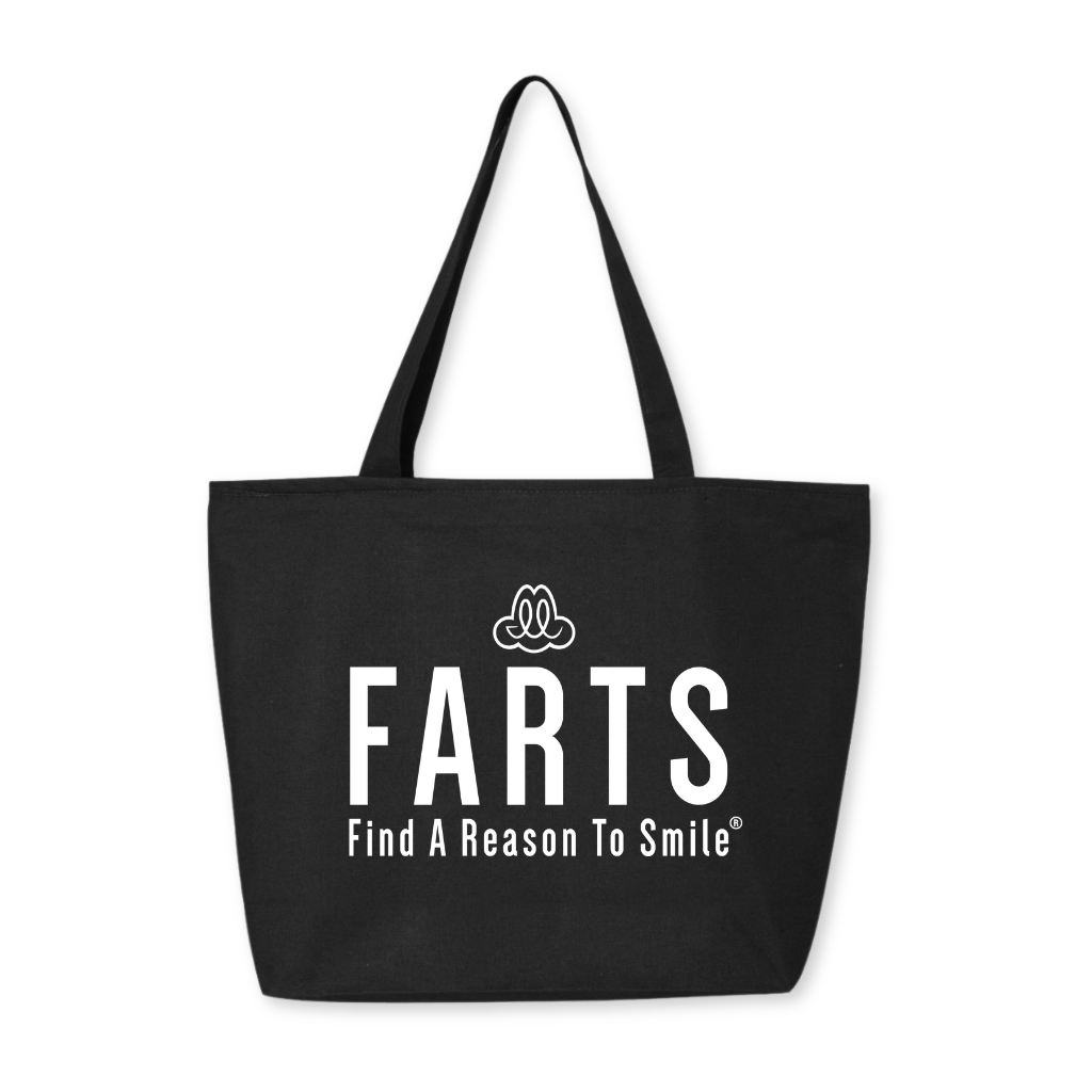 Black zipper tote bag with bold white “Find A Reason To Smile” message, 27-liter capacity with inner pocket for secure daily carry