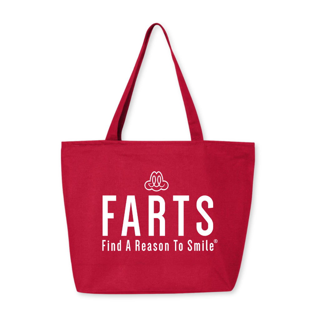 Red zipper tote bag with bold white “Find A Reason To Smile” message, large 27-liter carryall with secure closure and inner pocket