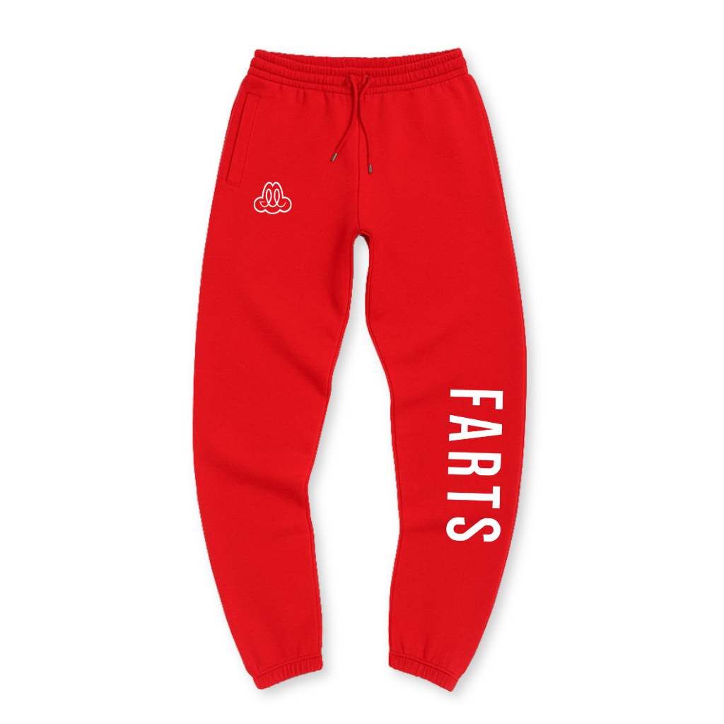 Red and white joggers made from organic Supima cotton – relaxed fit men’s mental health loungewear for confidence and comfort