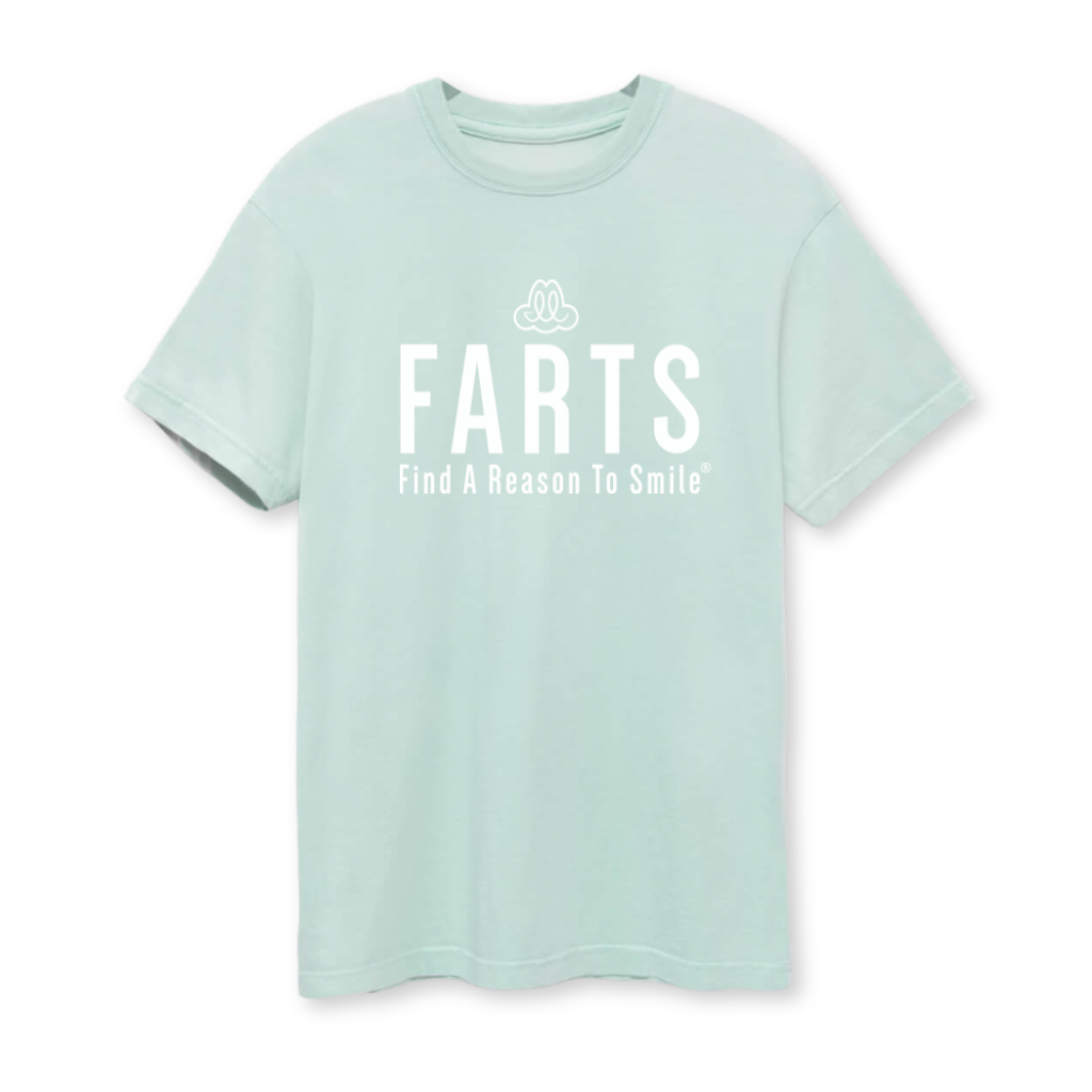 Seafoam green FARTS t-shirt with “Find A Reason To Smile” message, soft cotton blend for mental health awareness and healing energy
