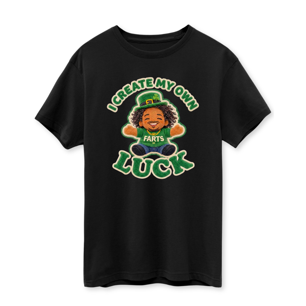 Black t-shirt with a cartoon character Grateful Gary and text on a white background saying I Create My Own Luck