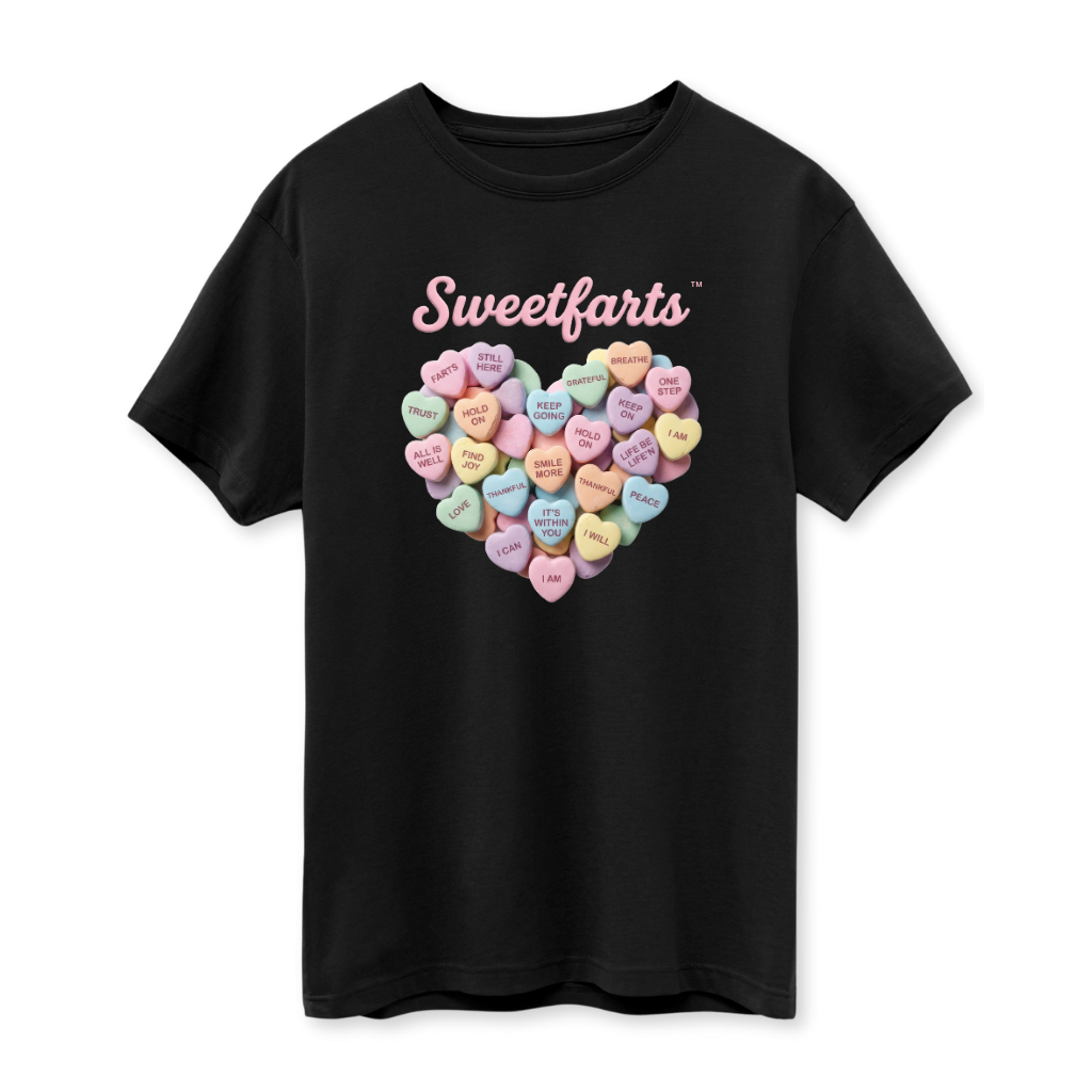 Black SweetFARTS t-shirt with pastel candy heart affirmations – nostalgic mental health tee for adults who love humor and gratitude