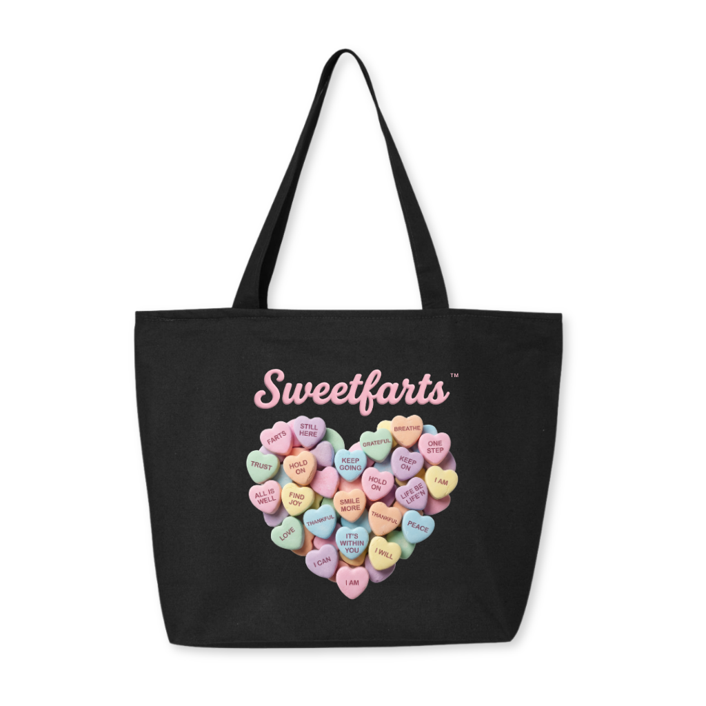 Black SweetFARTS canvas tote bag with pastel candy heart affirmations – nostalgic self-care tote for daily reminders and humor
