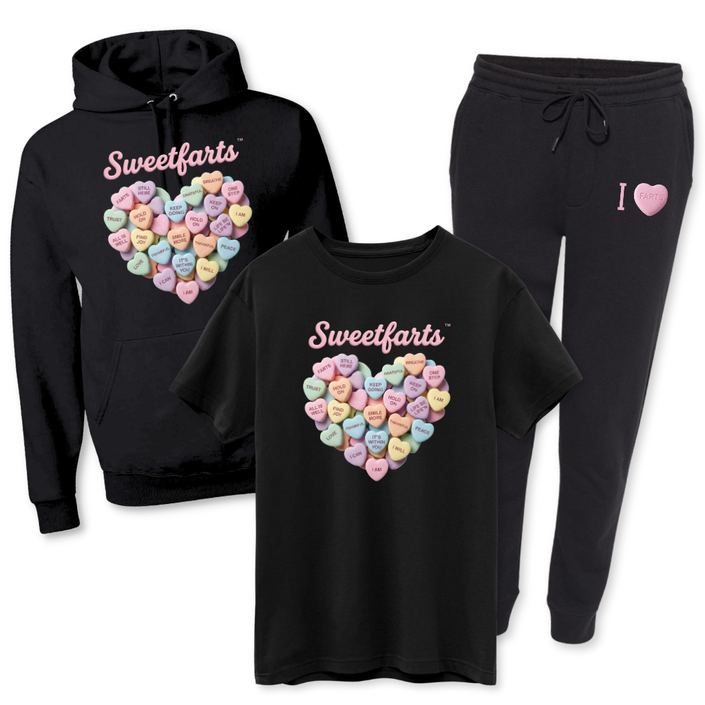 SweetFARTS hoodie, t-shirt, and joggers bundle with pastel candy hearts – full nostalgic mental health outfit for comfort and healing