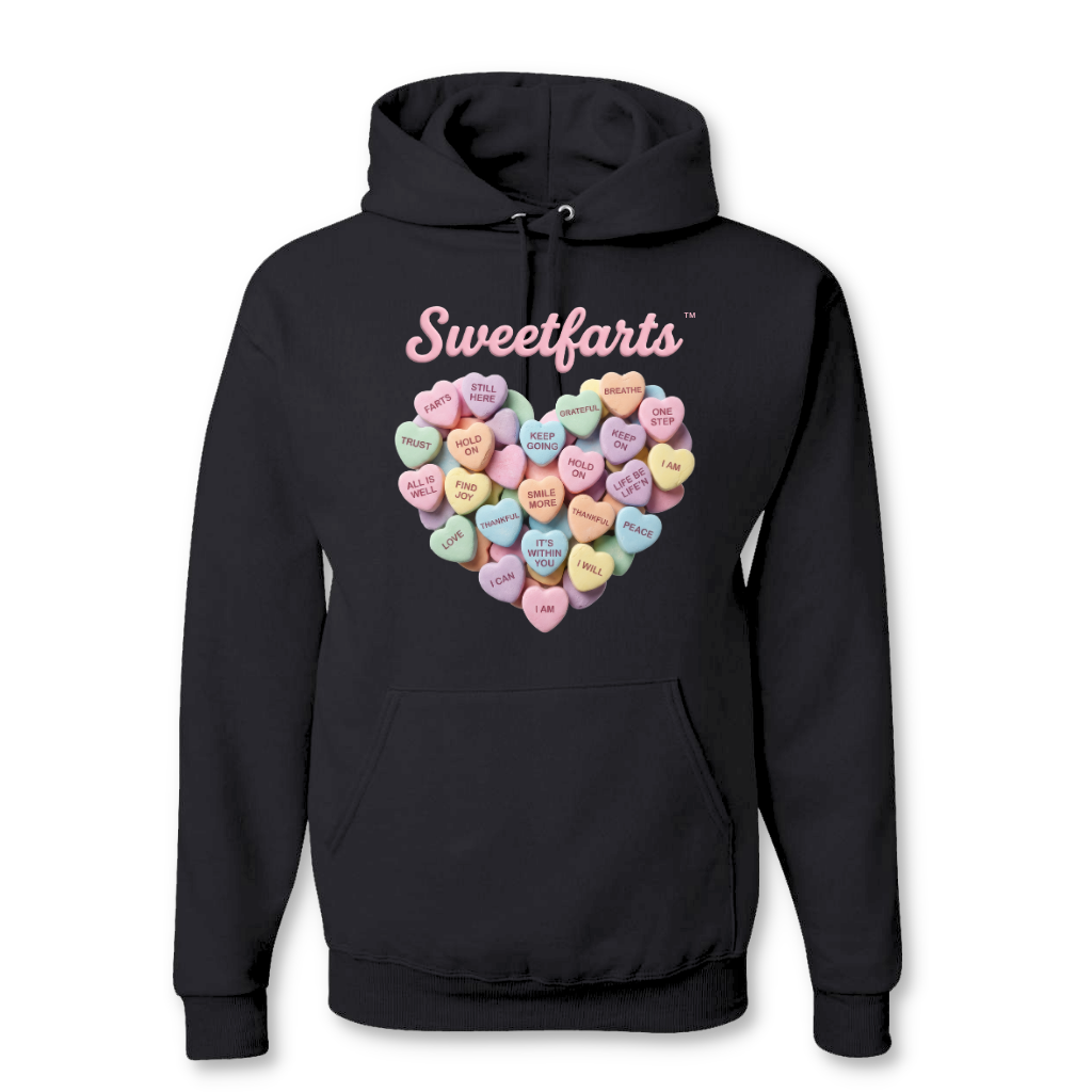 Black Sweetfarts hoodie with colorful nostalgic lettering, cozy gratitude apparel for adults healing with humor